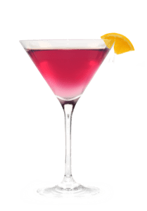 A red cocktail with an orange slice in it.
