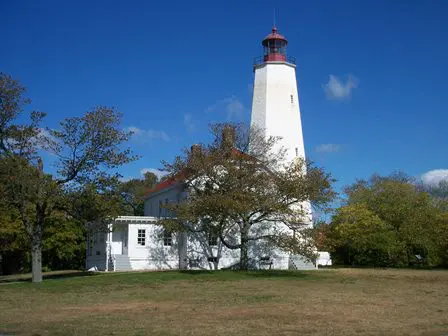 A white lighthouse with trees in the background