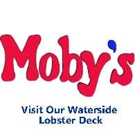 A red and blue logo for moby 's lobster deck.