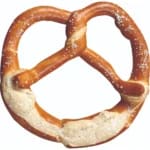 A pretzel with white frosting on it.
